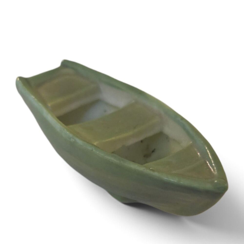 Vintage Japan Bone China Green Miniature Rowboat Boat Figurine 2" Nautical